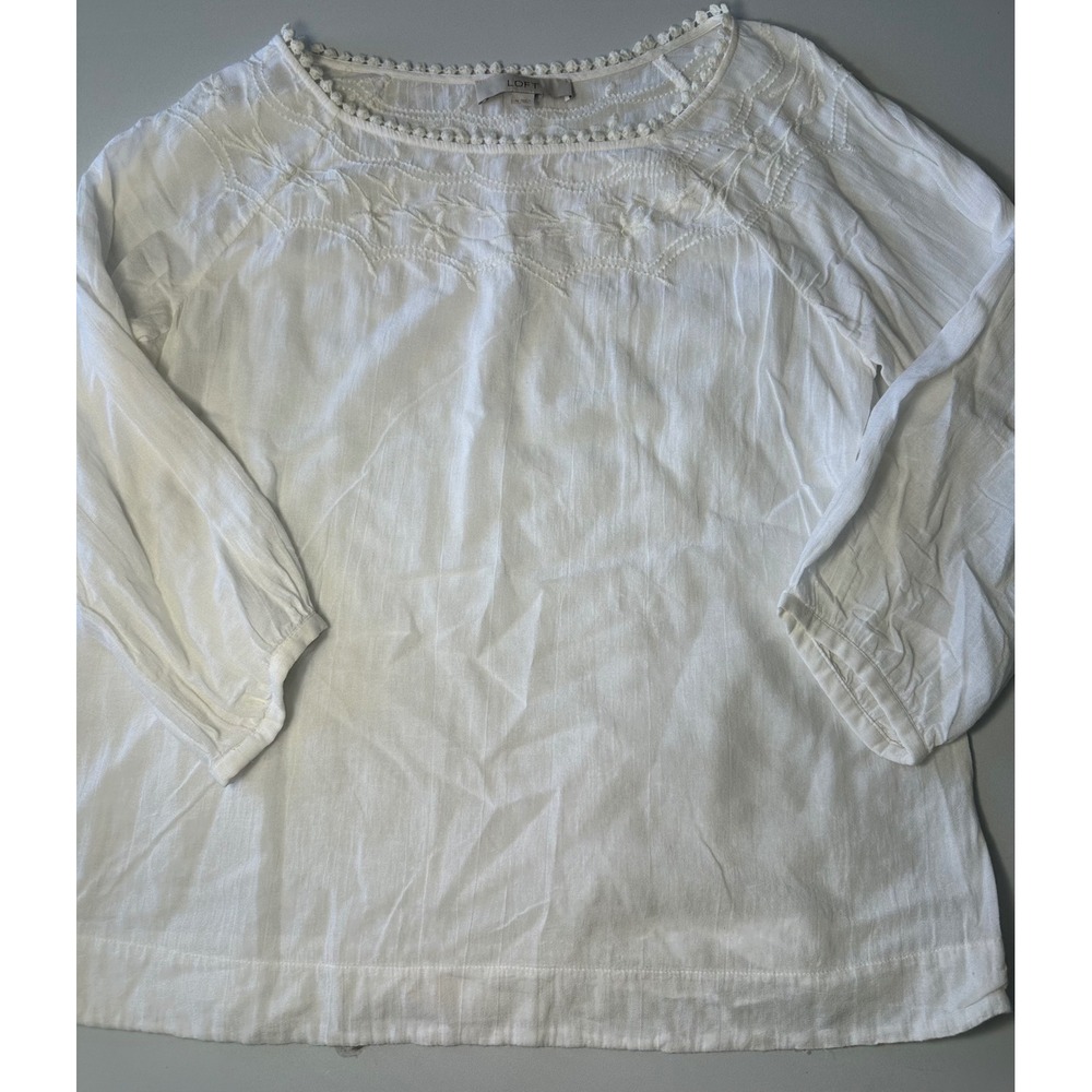 Loft Womens White Embroidered Pom Pom Trim 3/4 Sleeve Blouse Top Medium